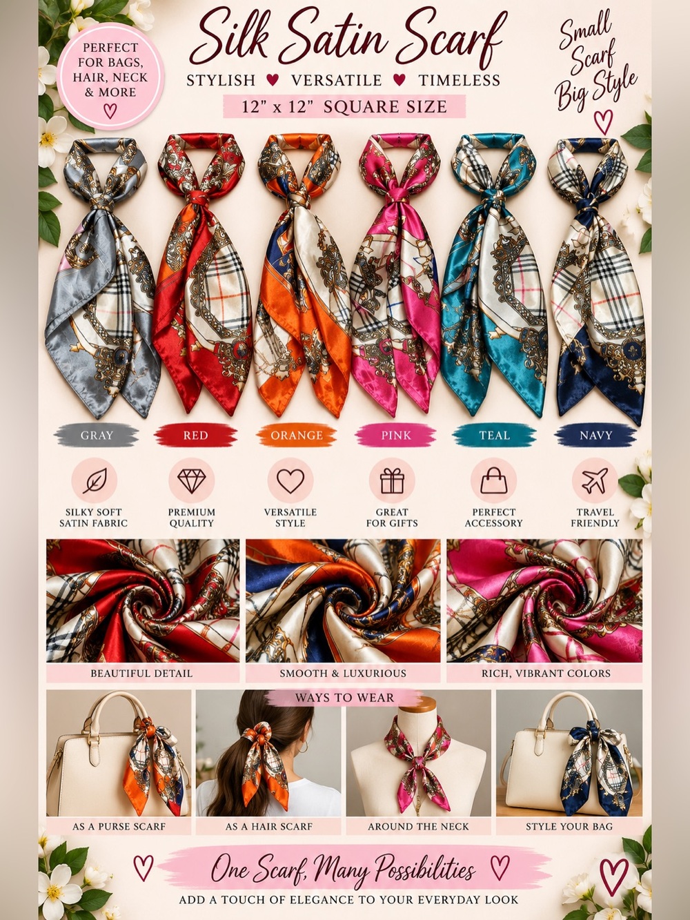 Silk Satin Square Scarf - Pink